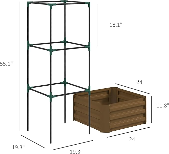 Outsunny Galvanized Raised Garden Bed, 55" Tall Outdoor Planter Box with Trellis Tomato Cage and Open Bottom for Climbing Vines, Vegetables, Flowers in Backyard, Garden, Patio, Brown