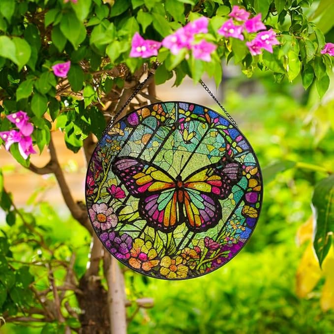 Generic Butterfly Stained Glass Suncatcher Artistic Window Hanging,7.8” Hand-Painted Glass Panel Wall Home Decor,Gift for Women Garden Decor Suncatcher, BL009