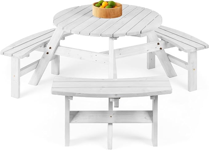 Best Choice Products 6-Person Circular Outdoor Wooden Picnic Table for Patio, Backyard, Garden, DIY w/ 3 Built-in Benches, 500lb Capacity - White