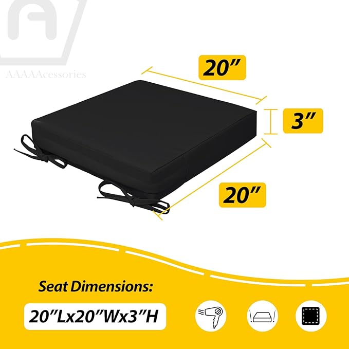 AAAAAcessories Outdoor Seat Cushions for Chairs, Waterproof, Fade-Resistant, 20" x 18" x 3", Patio Furniture Replacement Cushions, Set of 2, Charcoal Black