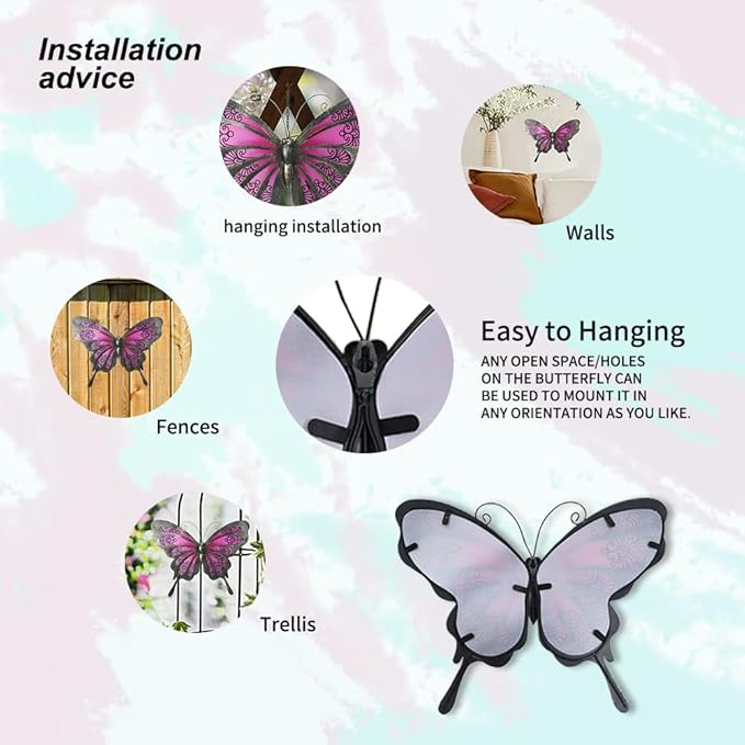 LIFFY Metal Butterfly Wall Decor,12" Glass Butterfly Outdoor Wall Decor,Hanging Garden Decorations Outside for Yard Fence Patio