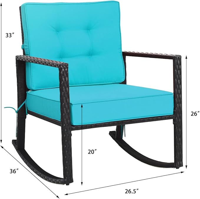 Tangkula Wicker Rocking Chair, Outdoor Glider Rattan Rocker Chair with Heavy-Duty Steel Frame, Patio Wicker Furniture Seat with 5” Thick Cushion for Garden, Porch, Backyard, Poolside (2, Turquoise)