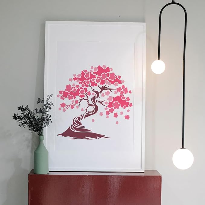 MAYJOYDIY 2pcs Cherry Blossoms Stencils 11.8×11.8inch Large Blooming Stencil with Paint Brush Square Japanese Style Drawing Template for Wood Walls Canvas Furniture Crafts Art Projects