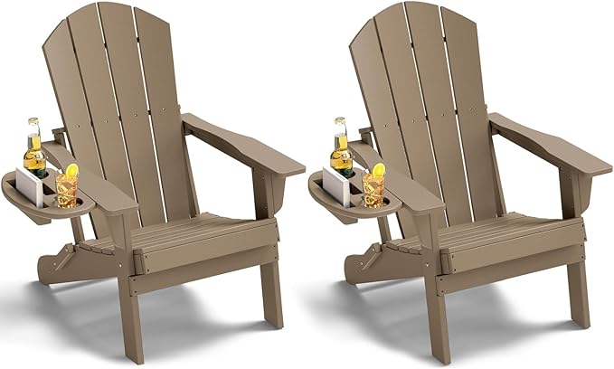 Adirondack Chair Set of 2, HDPE Folding Adirondack Chair with Multifunctional Cup Holder, Weather Resistant Fire Pit Chair for porches, patios, patios, poolsides, Decks.