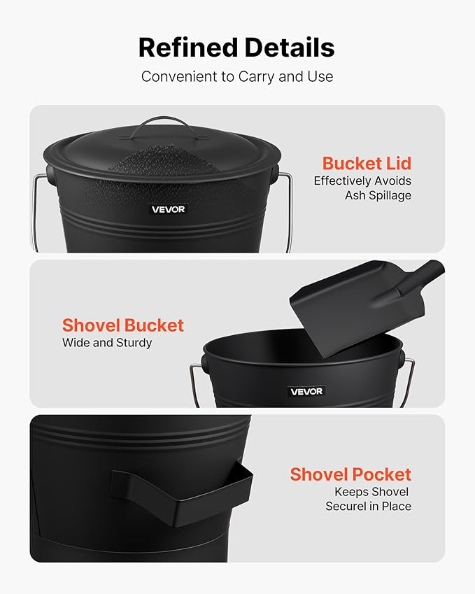 VEVOR Ash Bucket, 4 PCS with Lid, Shovel, Broom and Gloves, Metal Fireplace Charcoal Bucket and Ash Can, 2.6 GAL Large Capacity for Fireplace, Fire Pits, Wood Burning Stoves, Indoor and Outdoor