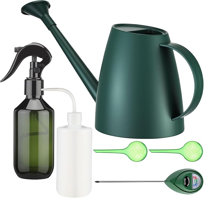 6 Pcs Indoor Watering Can Set 1/2 Gallon Can 6.8 oz Spray Bottle 17 oz Squeeze Bottle Plant Watering Globes Soil Moisture Meter Small Spraying Set for Indoor Outdoor Plants (Dark Green)