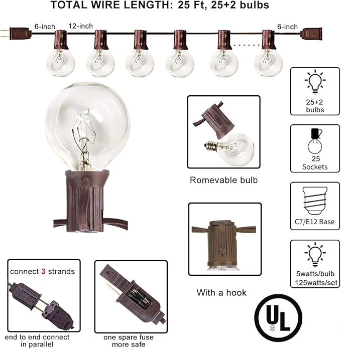Abeja 25Ft Outdoor Patio String Lights with 27 Clear G40 Bulbs, UL Listed for Porch Bars Deck Wedding Party Markets Decor, 5W, E12 Socket Base, Brown