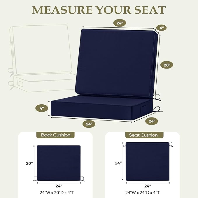 Wellsin Outdoor Cushions for Patio Furniture, Waterproof Outdoor Seat Cushions with Ties and Handle, Outdoor Cushions 24 X 24, Outdoor Deep Seat Cushions with Removable Cover, Navy