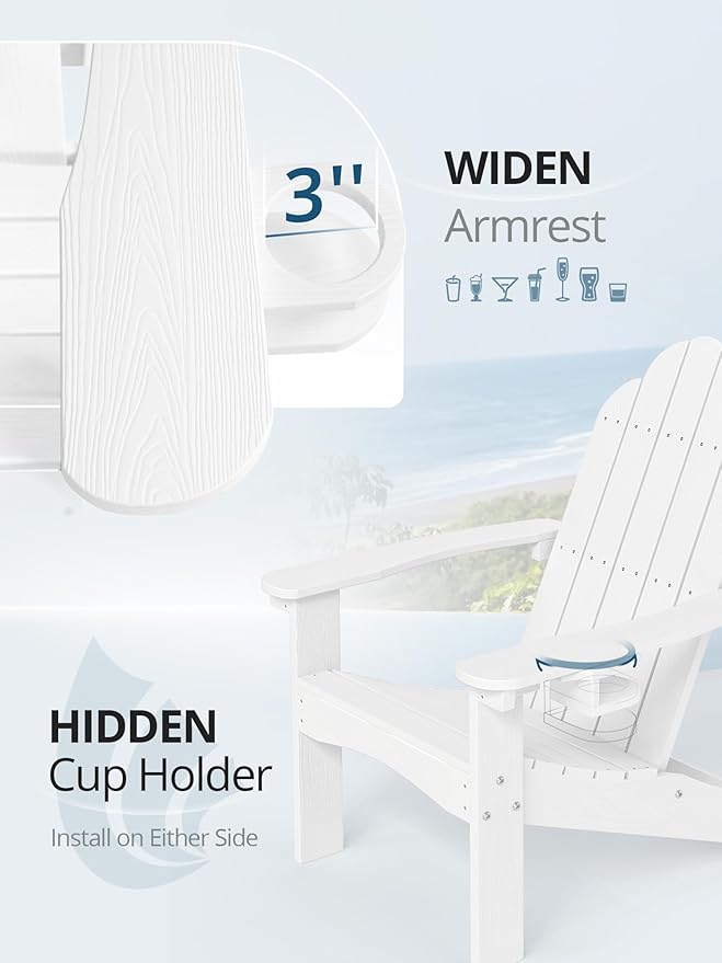 LUE BONA HDPE Adirondack Chair,Plastic Adirondack Chairs with Cup Holder Weather Resistant for Outdoor, Patio, Lawn, Garden, Backyard Deck, Fire Pit, White