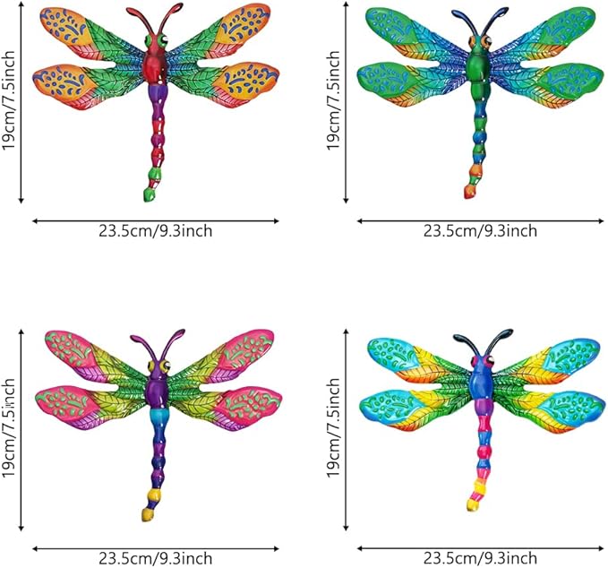 4 PCs Metal Dragonfly Wall Decor Art, Dragonflies Outdoor Wall Art with Colorful Leaves, Hand Painted Outdoor Decor for Garden Yard Fence Patio Outside Decoration