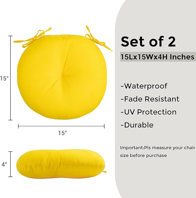 FUNHOME Bistro Chair Cushions 15 inch,Set of 2,Tufted Round Chair Cushions with Ties,15"x15"x4",Water Resistant Round Seat Cushion for Barstool Chairs,Patio Garden Kitchen Outdoor Furniture(Yellow)