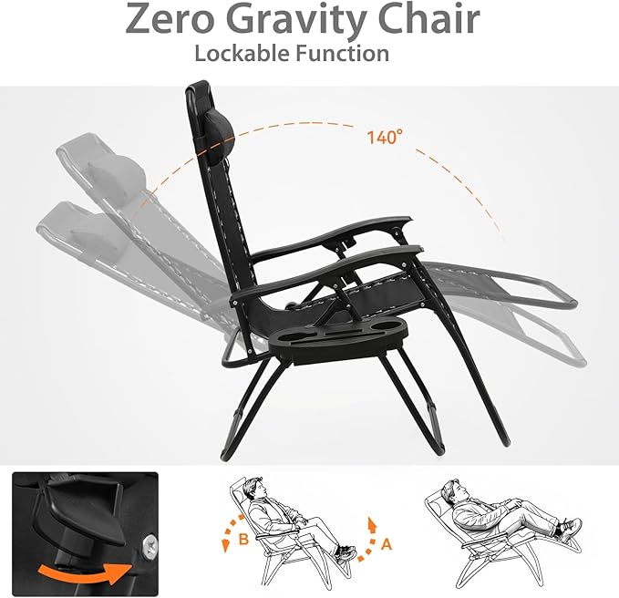 Zero Gravity Chairs, Portable Folding Reclining Lounge Chairs with Adjustable Pillow and Cup Holder Trays for Outdoor, Patio, Beach, Camping, Garden, Poolside, Black