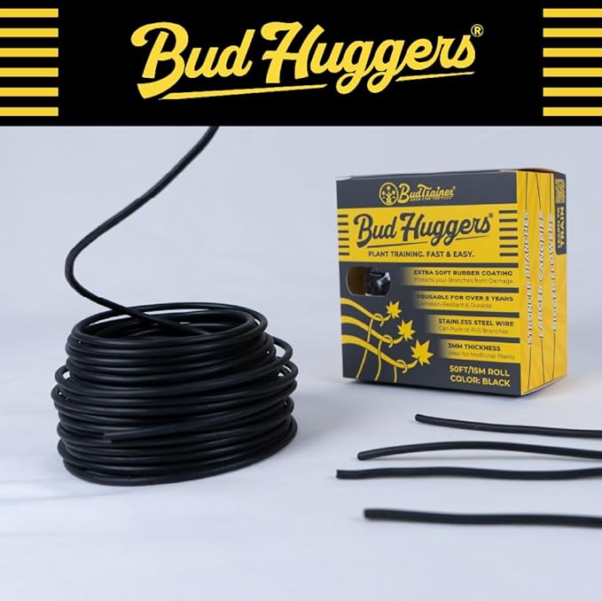 BudHuggers for Optimal Plant Training | 50ft (15M) | 3mm Thick Garden Wire Ties | Flexible & Durable | Rubber Plant Ties to Yield Bigger Buds, Stronger Branches & Larger Canopies | Reusable