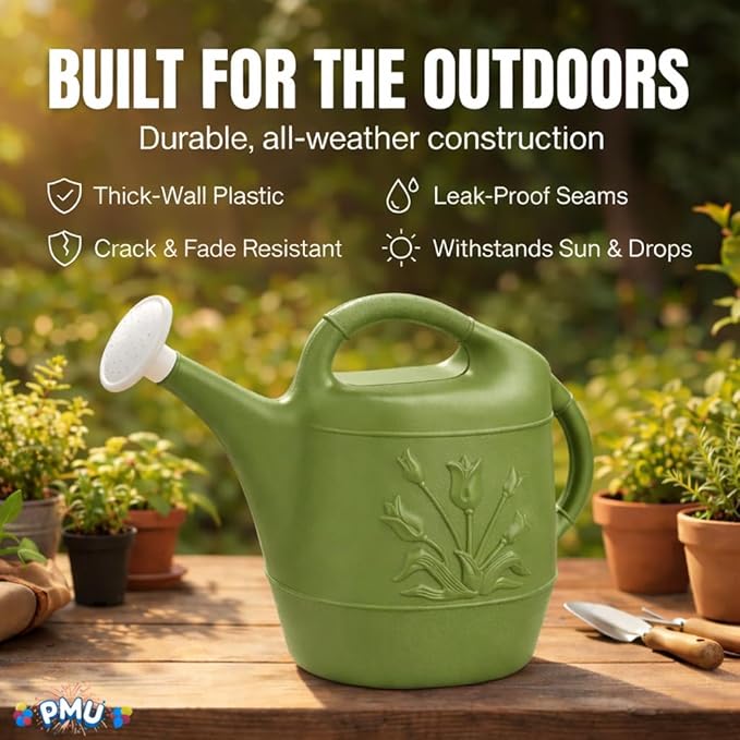 PMU 2 Gallon Watering Can - Garden Watering Can for Indoor & Outdoor Plants - Plastic Water Can with Detachable Sprinkler Head - Large Water Pot, Made in USA - Sage Green Pkg/1