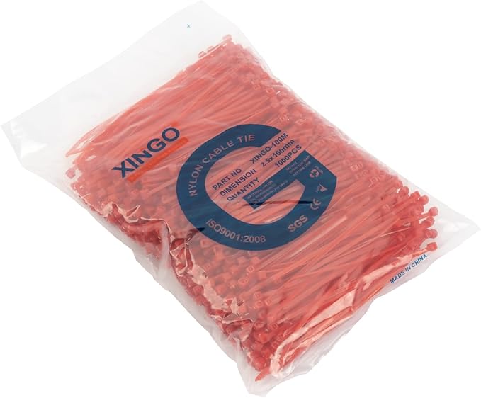 XINGO 1000 PCS 4 inch Red Zip Ties, 18lb Strength, Small Tie Wraps Self-Locking Nylon Zip Ties for Indoor and Outdoor Use