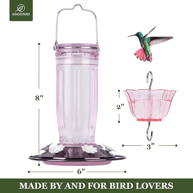 Kingsyard Glass Hummingbird Feeder for Outdoors Wild Bird Feeder with 6 Feeding Ports Hanging for Garden Yard, Pink (Ant Moat Included)