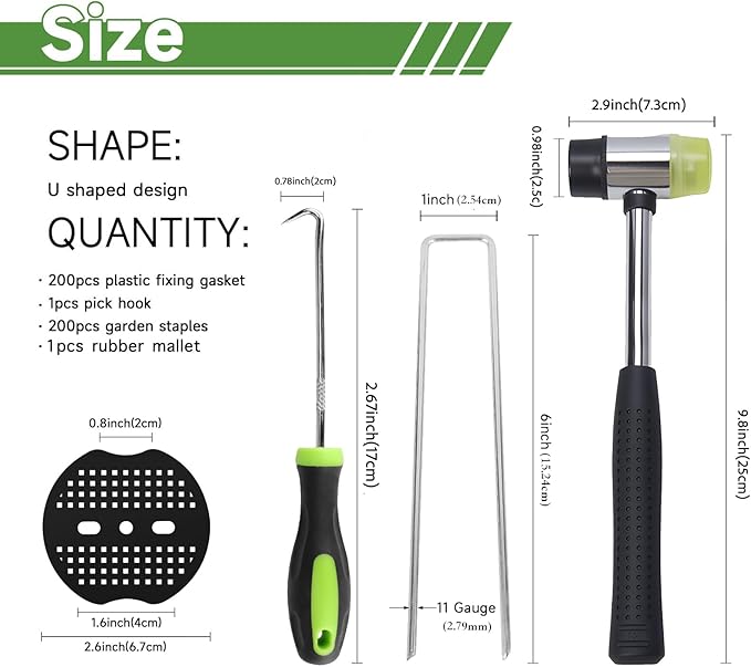 6 Inch Landscape Staples Set, 11 Gauge Galvanized U-Shaped Garden Stakes (200 Pack) with Gaskets, Hook Tool & Rubber Mallet for Weed Fabric & Landscaping