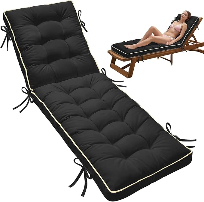 72x21 Inch Folding Chaise Lounge Cushion Quick Dry - Outdoor Sun Lounger Seat Pad with Shredded Foam for Patio Furniture, Deck Chairs, Poolside (Black, 72 INCH × 21 INCH)
