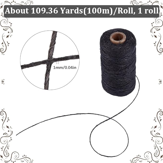 100M/328 Feet Black Jute Cord 1mm Rope Twine Macrame Natural Jute Thin Handmade Garden Wrapping Packing Hemp Hanging Roll String Thread for Gardening Home Gift Packing Wrapping Craft Decor