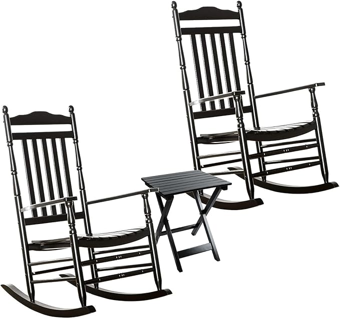Wooden Rocking Chair for Adults 3 Piece Outdoor Furniture Set with Outside Side Table for Patio Porch Lounge Balcony, Black