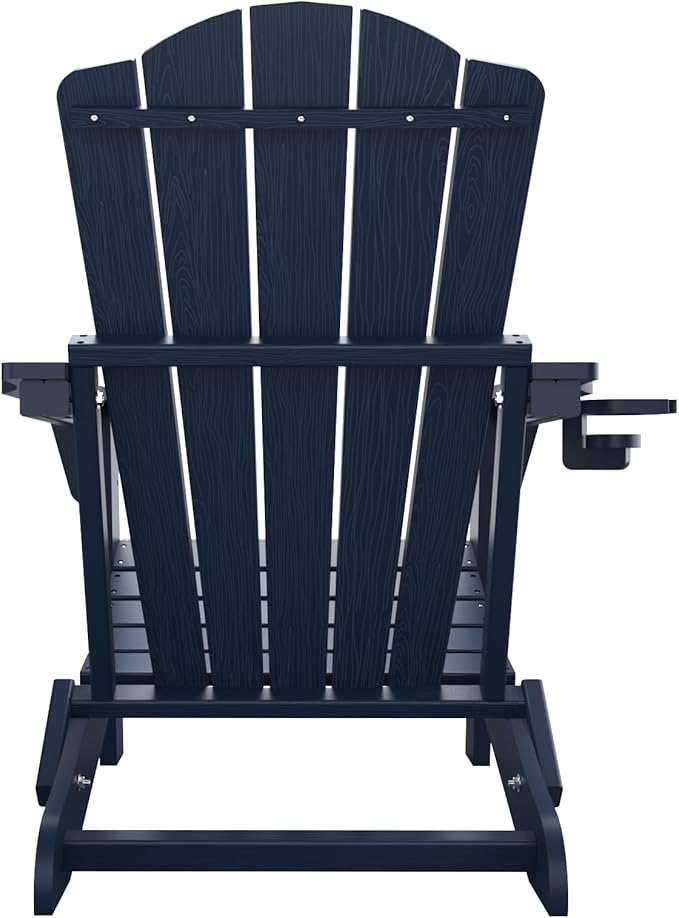 Folding Adirondack Chair Set of 2,HDPE All-Weather Outdoor Chair with Cup Holder,Wooden Textured,Fire Pit Chair,Plastic Patio Chair for Deck,Backyard,Garden,Lawn(Navy Blue)