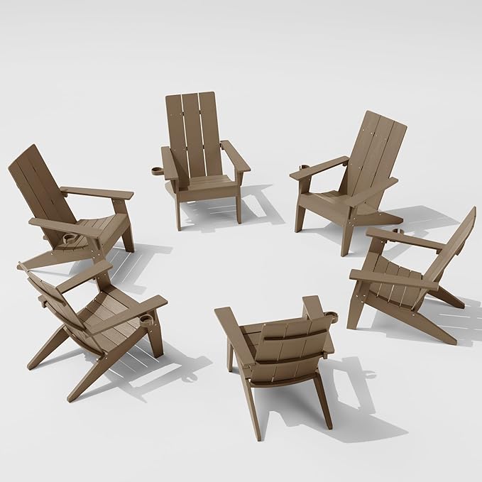 MXIMU Modern Adirondack Chairs Set of 6 Weather Resistant with Cup Holder Oversize Plastic Fire Pit Chairs Plastic Outdoor Chairs for Firepit Area Seating (Teak)