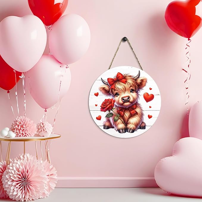 Valentines Day Wall Decor, Valentines Day Door Decorations, Gift for Boyfriend Girlfriend, Heart Rose Bow Highland Cow Wood Hanging Sign Anniversary Porch Home Bedroom Office Door Decor