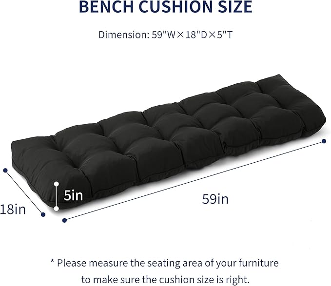 Outdoor Bench Cushion, 59x18x5 Inch, Waterproof Bench Cushion for Outdoor/Indoor Furniture, Tufted Patio Bench Seat Cushion, Fade Resistant Outdoor Cushions for Porch Swing Couch, Black
