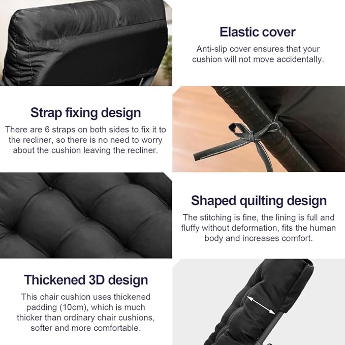ERWUDEling Zero Gravity Lounge Chair Cushion Replacement 67 Inch, Thick & Soft Patio Furniture Cushion for Outdoor/Indoor Use, Waterproof Non-Slip with 6 Ties, Black (19 x 67 x 4 Inches)