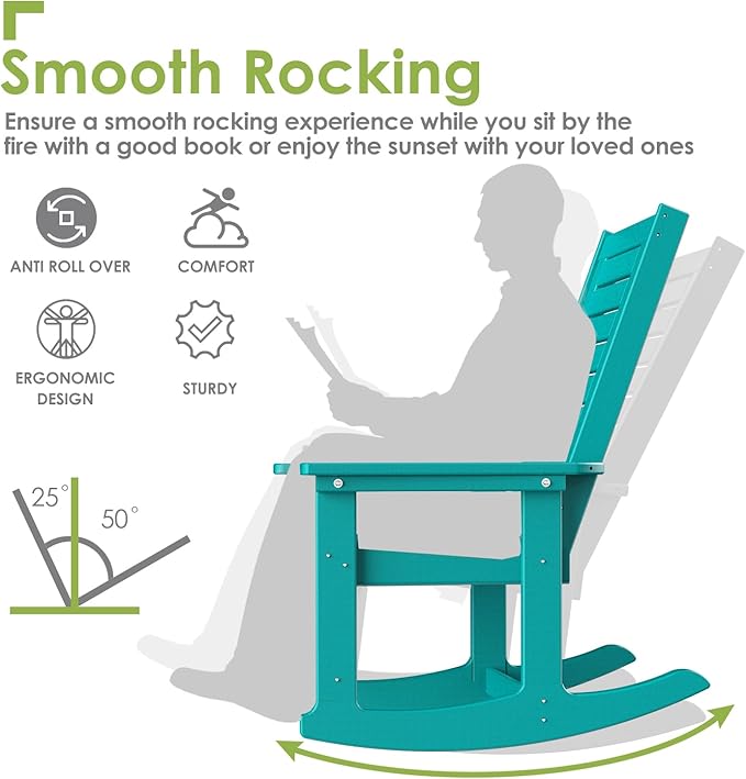 GREENVINES Outdoor Rocking Chair Set | 3-Piece | 2 Rocking Chairs with 1 Side Table | Porch Rocker | HDPE Plastic | Aqua | Patio Furniture Sets | High Back | Big & Tall | Ladder Back