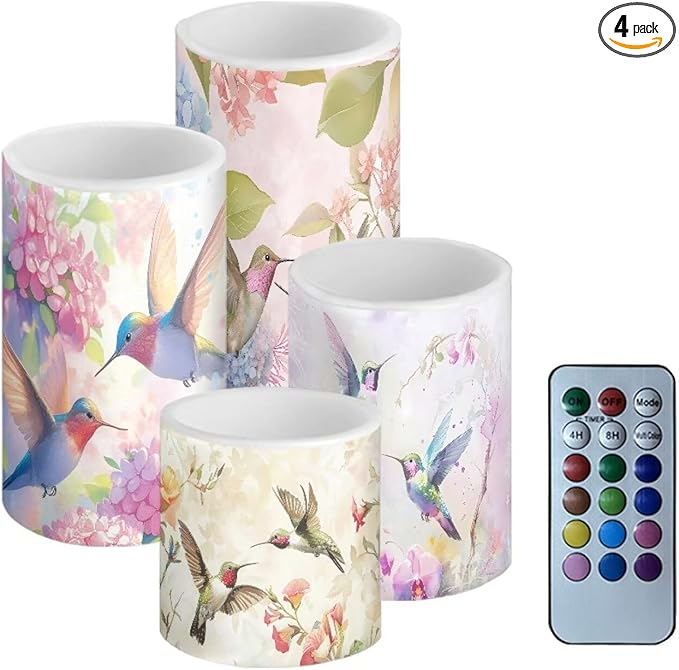 Vintage Flower Hummingbird Flameless Candles Battery Powered LED Pillar Candles Tealights with Remote Timer Color Changing Control for Home Decor Set of 4