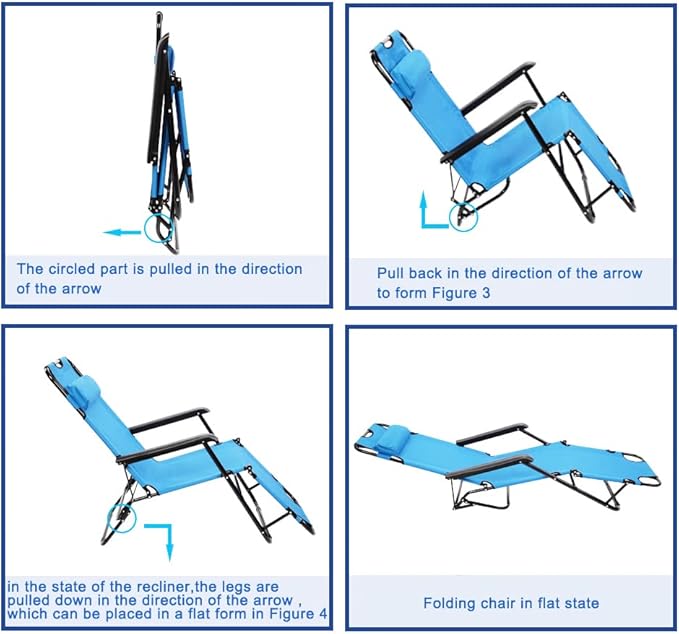 Portable Outdoor Folding Lounge Chair, Camping Chair, Reclining Chair with Pillow,Chaise Lounge for Ioor Outdoor Patio Deck Yard Beach Poolside, Blue
