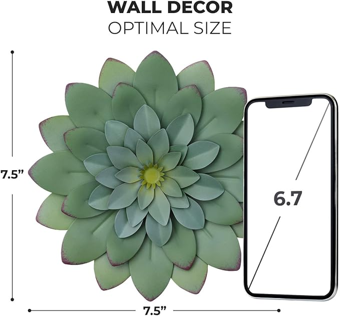 Everydecor Succulent Metal Flowers Wall Decor – Green, Hand Painted, 3D Flower Art Decoration for Living Room, Bedroom, Kitchen, Bathroom - Floral Decor for Indoor & Outdoor Use