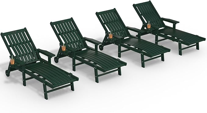 Patio Chaise Lounge Chair Set of 4, Oversized Lounge Chair Outdoor with 5 Positions, HDPE, Patio Lounge Chair with Wheels & Cup Holder for Pool, Deck, Poolside,Green