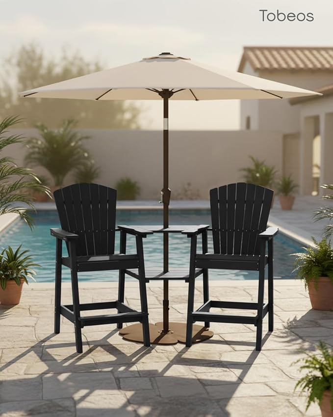 Tall Adirondack Chairs Set of 2, HDPE Outdoor Adirondack Chairs with Double Connecting Tray, Bar Height High Back Patio Chairs for Balcony, Deck, Backyard (Black, 2-PC Bar Chair Set)