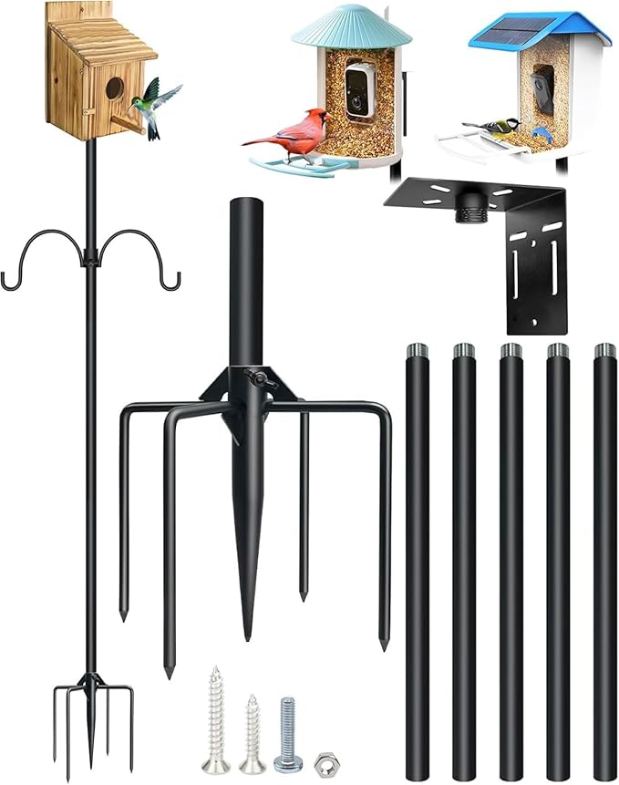 QwayHome 92Inch Smart Bird Feeder Pole, Bird House Pole Mount Kit for Outdoor Smart Bird Feeder & Wooden Birdhouse & Weather Station, 1Inch Dia Poles, with 5-Prong Base, 2Pc Shepherd Hook