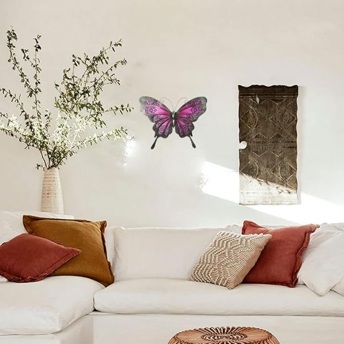 LIFFY Metal Butterfly Wall Decor,12" Glass Butterfly Outdoor Wall Decor,Hanging Garden Decorations Outside for Yard Fence Patio