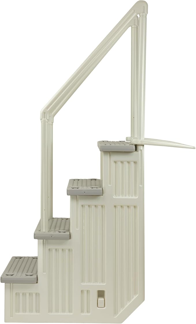 Aqua Select Anti-Slip in-Pool Steps with Outside Flip-Up Ladder | Pearl White w/Cloud Gray Steps | for Above Ground Swimming Pools | Mounts to Decks 48" to 54" H | Safety Stairs Capacity Up to 350 lbs