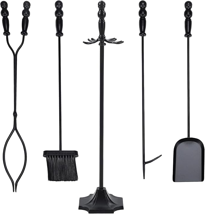 OLIXIS 5 Pcs Fireplace Tools Set Indoor, 32 Inch Wrought Iron Large Fire Place Tool Set with Stand, Fireside Accessories Kit with Poker Brush Shovel Tongs for Outdoor Campfire Fire Pit