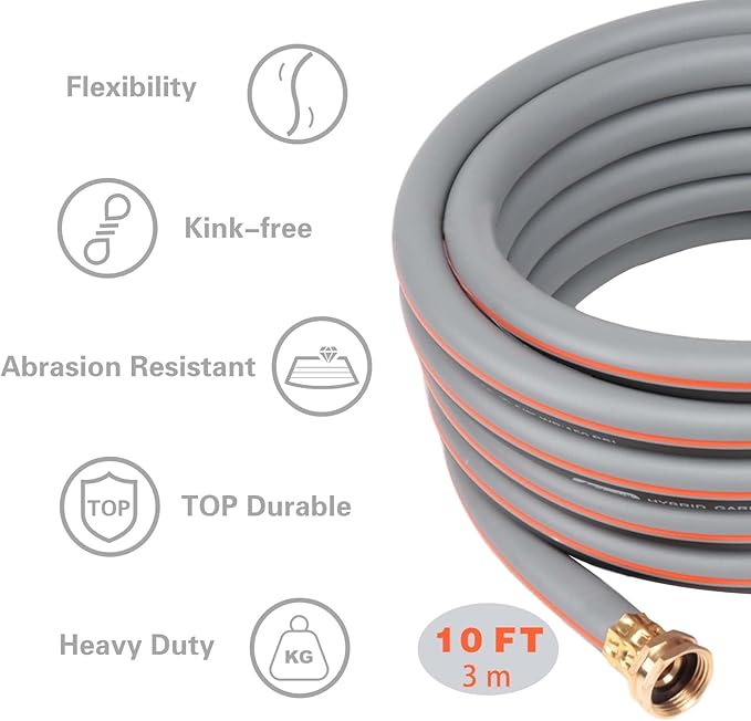 Garden Hose 10 ft 5/8,Heavy Duty Rubber Water Hose,Hybrid Durable Flexible Hose,Lightweight No Kink Hose for Outdoor Yard Lawn Condo Patio with Sprayer Nozzle and 3/4''Brass Solid Fittings