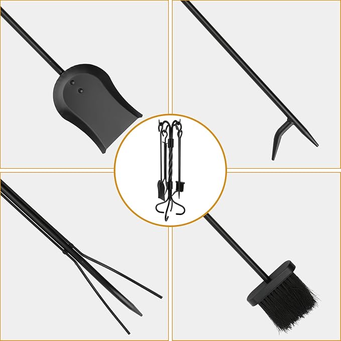 5-Piece Fireplace Tools Set Wrought Iron - NO Assembly - Heavy Duty 32" Solid Steel Fire Poker Set for Outdoor Fire Pit & Wood Stove - Fire Place Set with Tongs, Shovel, Brush, Stand
