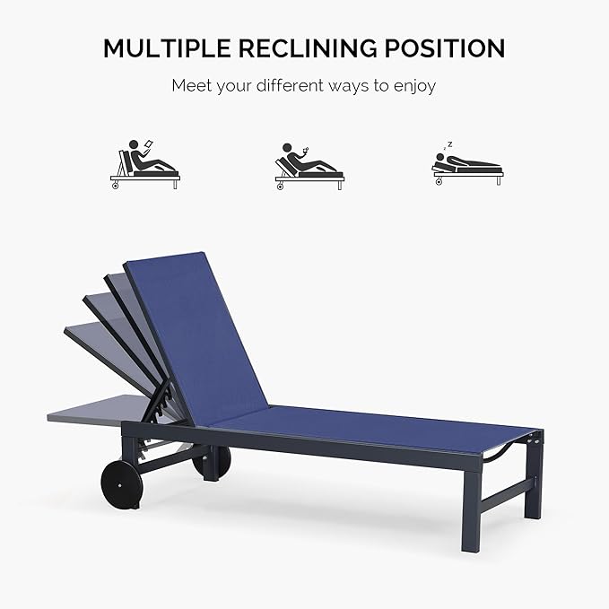 PURPLE LEAF Outdoor Chaise Lounge with Wheels for Outside 2 Pieces Aluminum Patio Lounge Chair with 5 Adjustable Position for Outdoor Beach Yard Pool Side Table Included Navy Blue