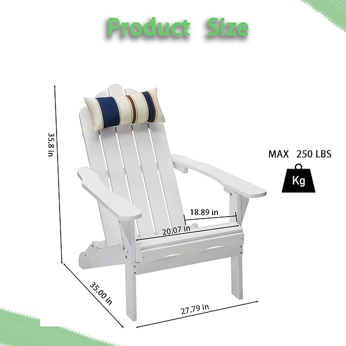 White Adirondack Chair Outdoor Patio Folding Lounge Wood Outside Deck, Porch, Lawn, Pool, Yard, Garden, Fire Pit, Heavy Duty