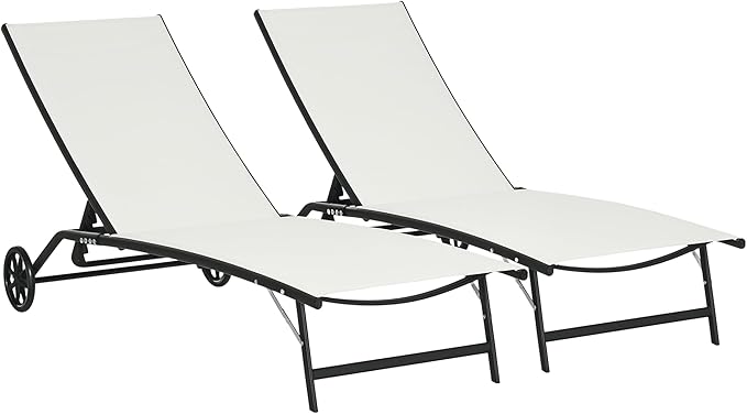 Outsunny Chaise Lounge Outdoor, 2 Piece Lounge Chair with Wheels, Tanning Chair with 5 Adjustable Positions for Patio, Beach, Yard, Pool, Cream White