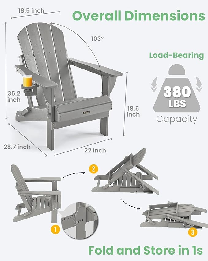 Ciokea Folding Adirondack Chair Wood Texture 4 Pack, Patio Adirondack Chair Weather Resistant, Plastic Fire Pit Chair with Cup Holder, Lawn Chair for Outdoor Porch Garden Backyard Deck (Grey)