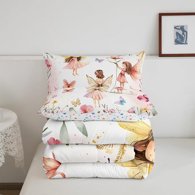 Erosebridal Dreamy Fairy Toddler Bedding Set,Pink Fairy Garden Comforter Sets for Girls Kids,Cute Floral Butterfly Quilt Bed Set,Princess Girly Coquette Bedroom Decor,1 Pillowcase Reversible