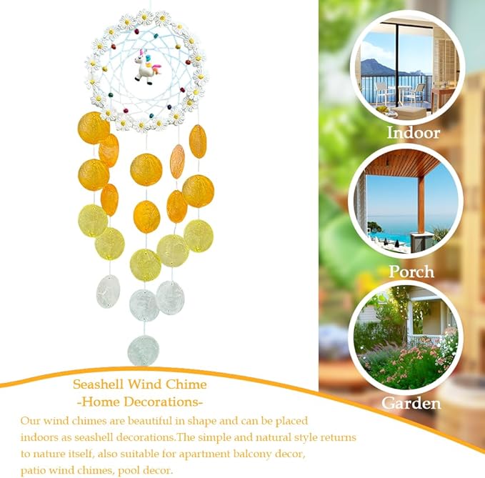 Chic Capiz Shell Wind Chime, Handmade Beach Wind Chimes for Outside, House Decoration for Courtyard, Window, Porch, Unique Gifts for Women (Green)