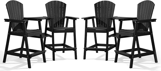 PASAMIC Tall Adirondack Chairs Set of 4, All-Weather HDPE Patio Chairs with Double Connecting Trays, Bar Height Heavy-Duty Outdoor Chairs for Garden, Backyard, Balcony, Black