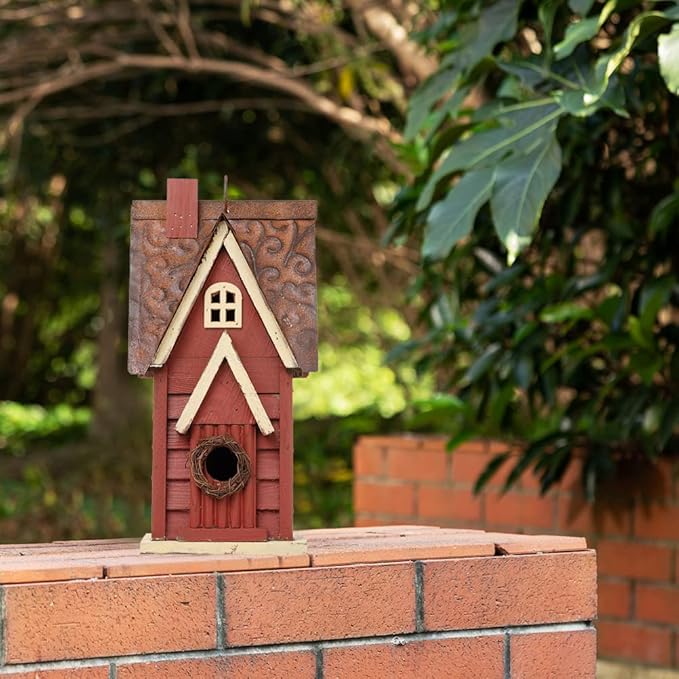 Glitzhome Bird Houses for Outside, Distressed Red Cottage Blue Bird House, 12" H Solid Wood Birdhouse Hanging Bird House for Outdoors