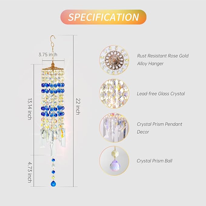 Crystal Wind Chimes for Outside with Rainbow Light Reflections Glass Bells and Rose Gold Alloy Hooks Indoor Outdoor Decor for Home Garden Patio Porch Birthday House Warming (Blue)